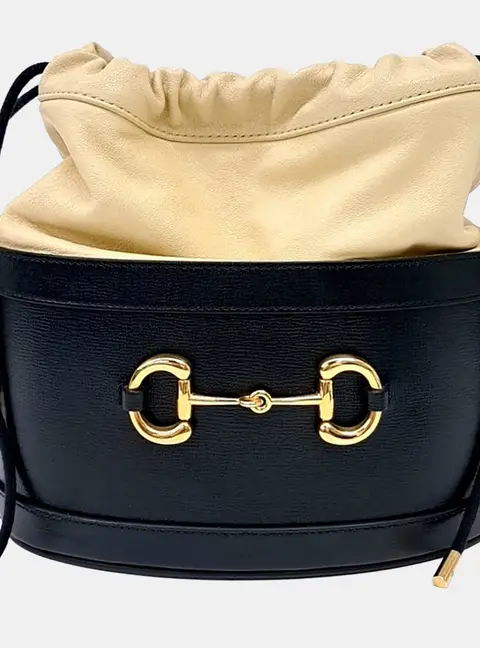 Gucci Beige Black Leather 1955 Horsebit Bucket Bag (602118)