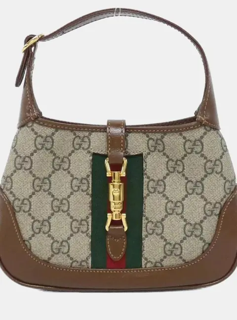 Gucci Jackie 1961 Mini Beige Brown GG Supreme Canvas Leather Top Handle Bag