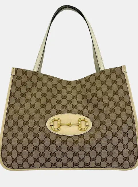 Gucci Horsebit 1955 Medium Beige Mystic White GG Canvas Leather Tote Bag