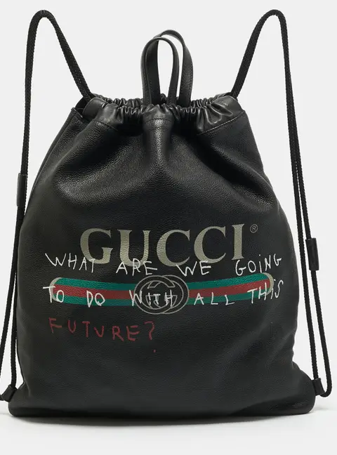 Gucci Coco Capit&aacute;n Logo Black Leather Drawstring Backpack