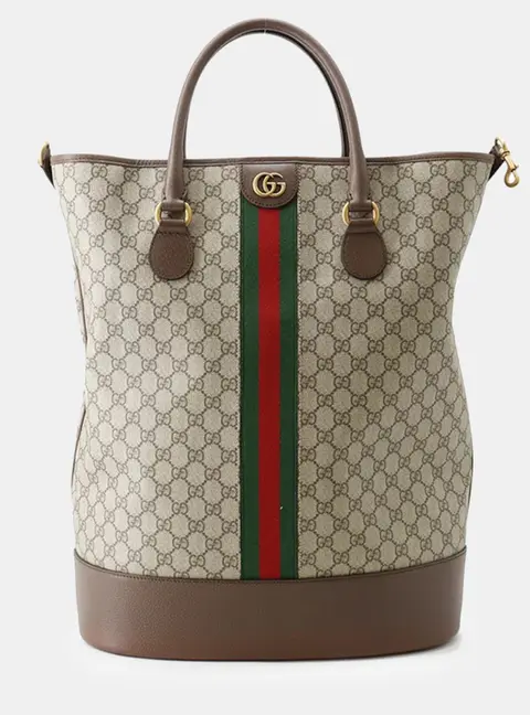 Gucci Ophidia Savoy Duffle Bag Beige GG Supreme Canvas Brown Leather Top Handle Bag