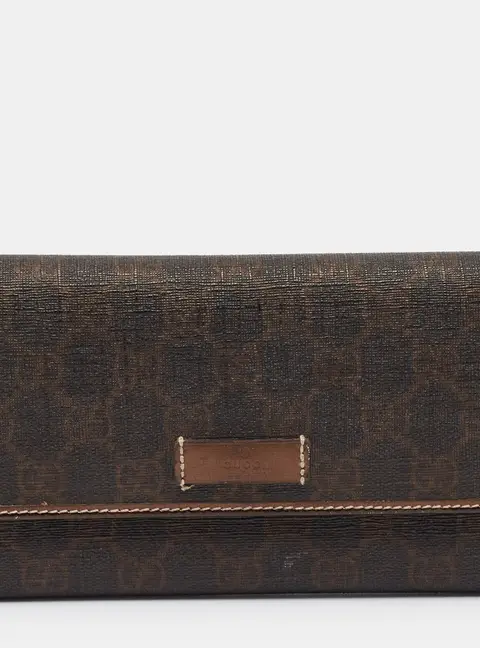 Gucci Logo Bronze GG Supreme Canvas and Leather Trifold Wallet