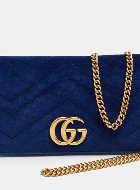 Gucci GG Marmont Blue Matelasse Velvet Wallet on chain