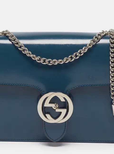 Gucci Dollar Interlocking G Small Teal Blue Patent Leather Shoulder Bag
