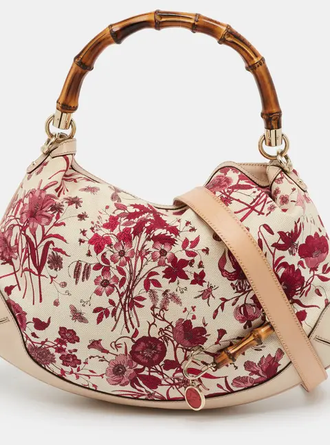 Gucci Peggy Bamboo Handle Pink/Beige Floral Canvas and Leather Hobo