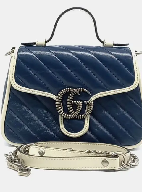 Gucci Blue White Leather GG Marmont Mini Top Handle Bag (583571)