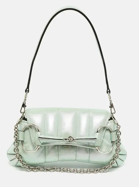 Gucci Horsebit Chain Iridescent Light Green Vertical Quilt Leather Shoulder Bag