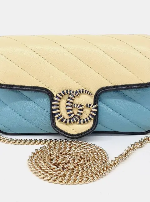 Gucci GG Marmont Beige/Blue Leather Super Mini Crossbody Bag (574969)