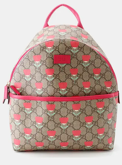 Gucci Children's Mini Tulip Print GG Supreme Canvas Beige Pink Coated Canvas Leather Backpack Bag