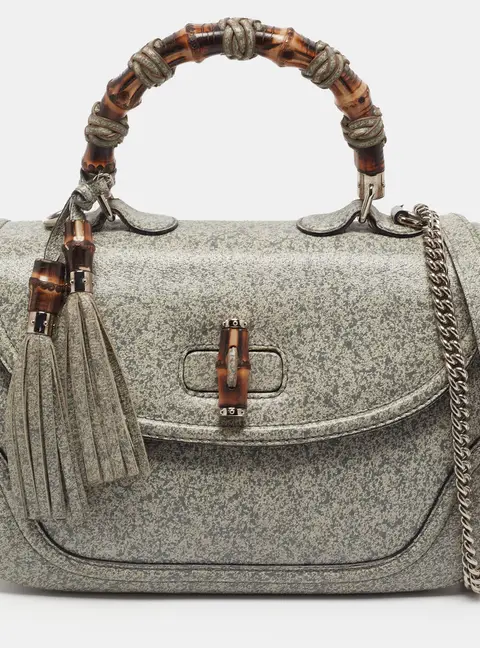 Gucci New Bamboo Tassel Large Grey Textured Leather Top Handle Bag
