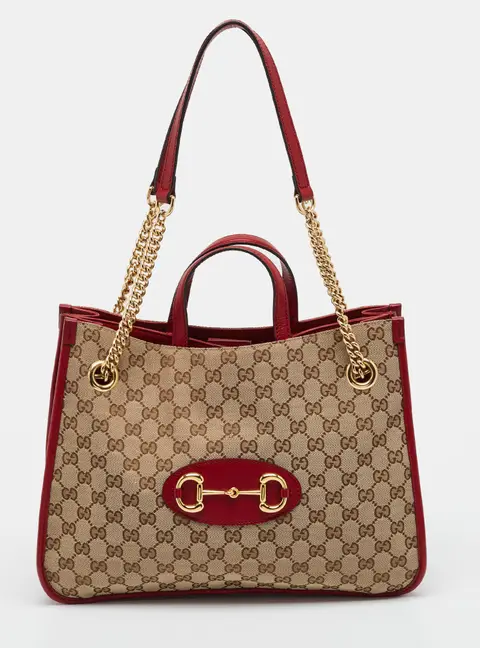 Gucci Horsebit 1955 Chain Red/Beige GG Canvas and Leather Tote