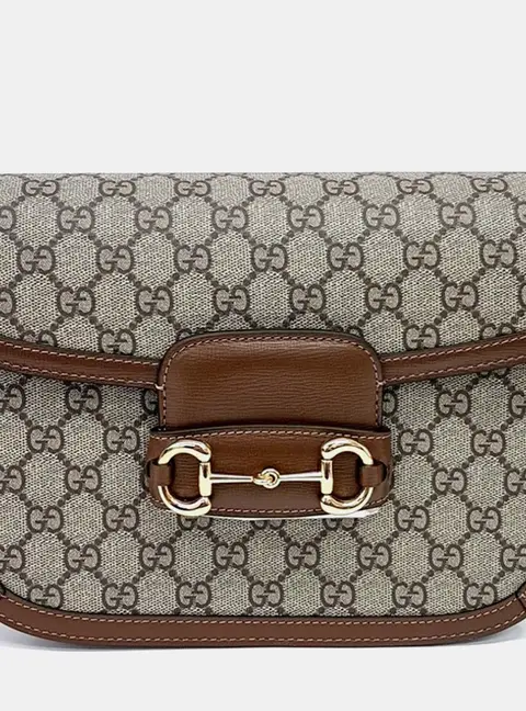 Gucci 1955 Horsebit Beige GG Monogram Canvas and Brown Leather Shoulder Bag