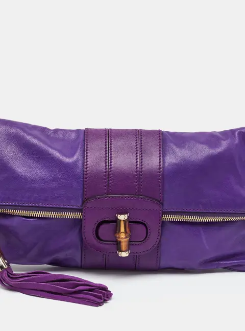 Gucci Bamboo Purple Leather Tassel Clutch