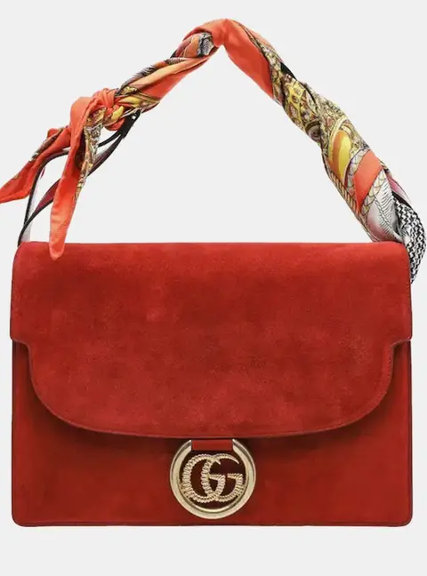Gucci GG Ring Medium Red Suede Silk Scarf Shoulder Bag