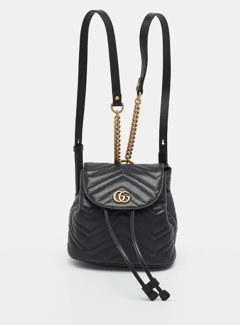 Gucci GG Marmont Mini Black Matelass&eacute; Leather Drawstring Backpack