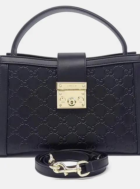 Gucci Cima Line Padlock Black Leather Medium Top Handle Bag (838992)