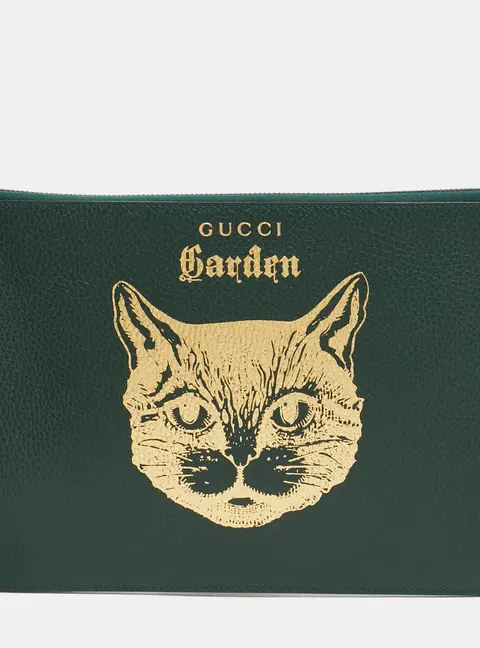 Gucci Green/Gold Leather Garden Cat Zip Pouch