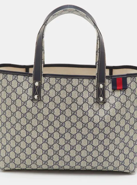 Gucci Sherry Line Beige/Navy Blue GG Supreme Canvas and Leather Tote