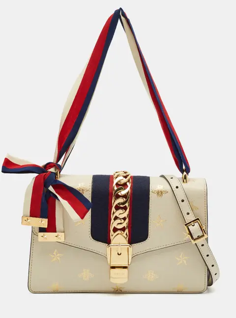 Gucci Sylvie Printed Small White Leather Shoulder Bag
