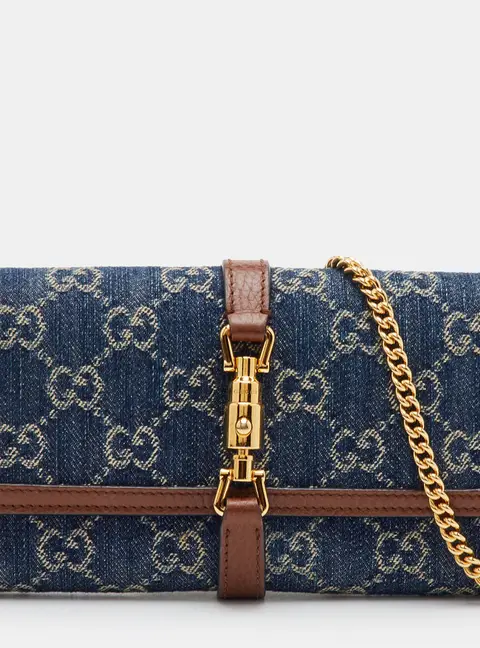 Gucci Jackie 1961 Navy Blue/Brown GG Denim and Leather Wallet On Chain