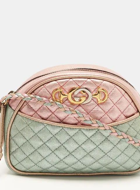 Gucci Zumi Mini Metallic Pink/Turquoise Quilted Leather Crossbody Bag