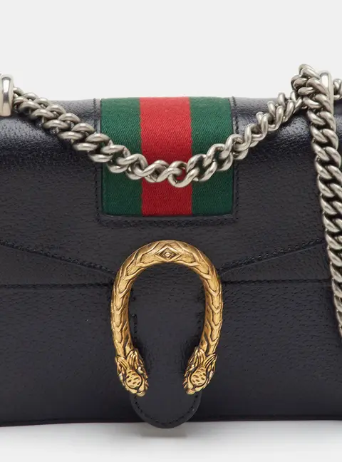 Gucci Dionysus Web Small Black Leather Chain Flap Shoulder Bag