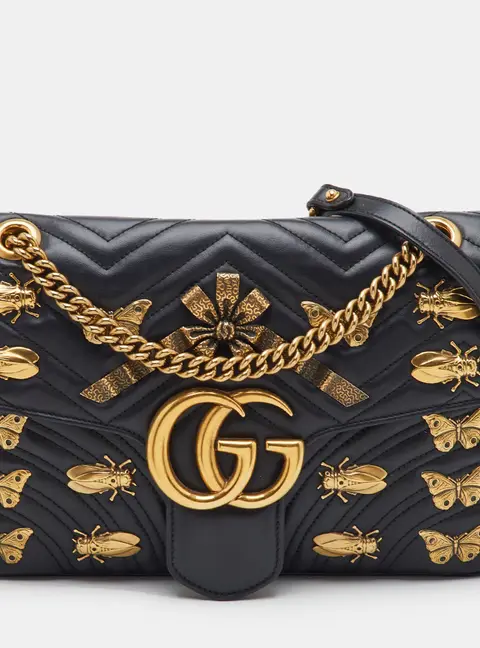 Gucci GG Marmont Medium Black Matelass&eacute; Leather Animal Studs Shoulder Bag