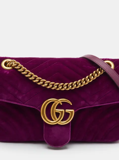 Gucci GG Marmont Small Magenta Matelass&eacute; Velvet Shoulder Bag
