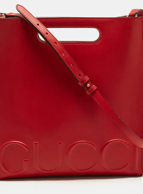 Gucci Logo Embossed Red Leather Tote