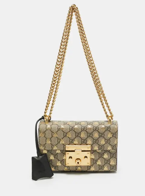 Gucci Padlock Small Beige/Black GG Supreme Bees Canvas and Leather Shoulder Bag