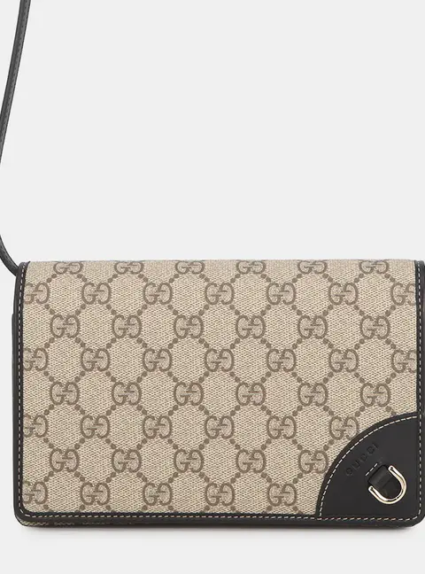 Gucci GG Emblem Wallet On Chain Beige Black PVC Leather Crossbody Bag