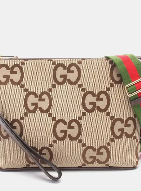 Gucci Jumbo GG Medium Beige Monogram Canvas Leather Messenger Bag