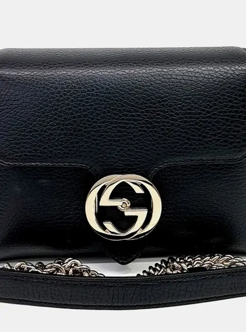 Gucci Interlocking Black Leather Chain Crossbody Bag (607720)