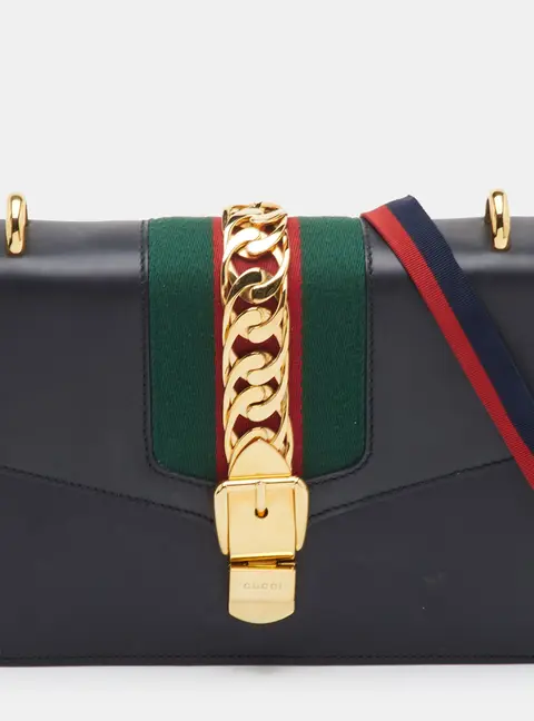 Gucci Web Sylvie Small Black Leather Flap Shoulder Bag