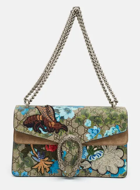 Gucci Dionysus Beige/Blue Small GG Blooms Supreme Embroidered Bird/Flowers Canvas and Suede Shoulder Bag