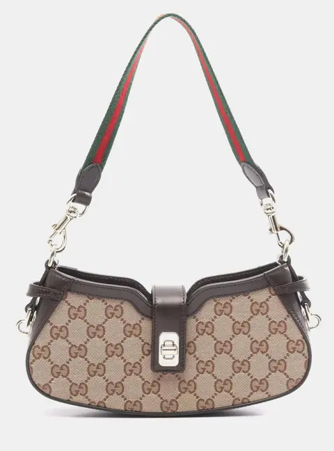Gucci Moon Side Mini Beige GG Canvas Brown Leather Shoulder Bag