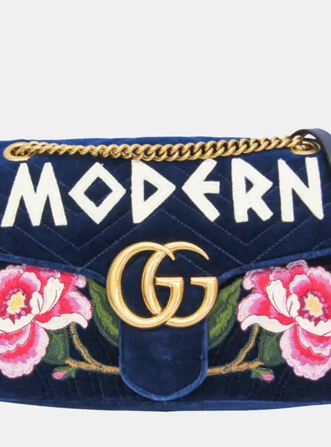 Gucci GG Marmont Medium Blue Velvet Shoulder Bag
