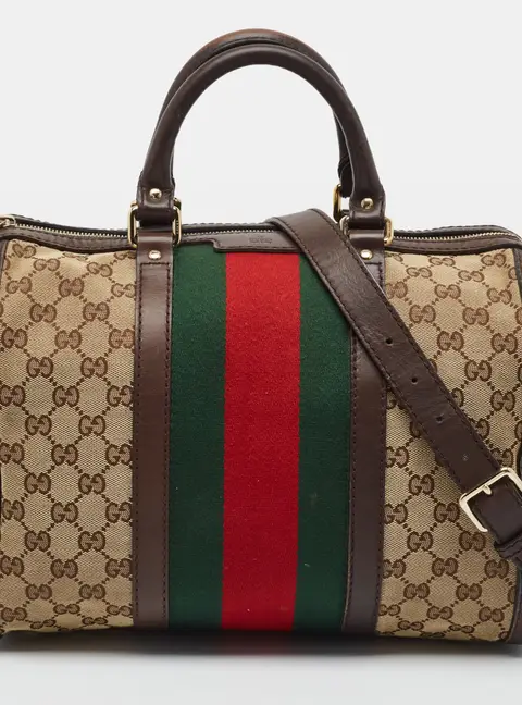 Gucci Web Joy Beige/Brown GG Canvas and Leather Boston Bag