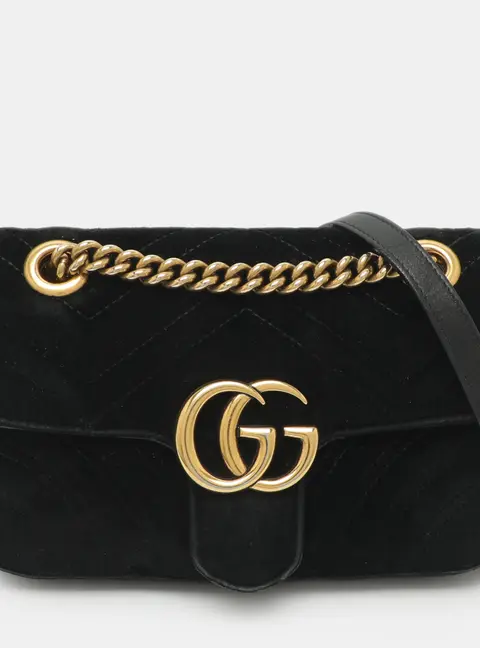 Gucci GG Marmont Small Black Matelass&eacute; Velvet Flap Shoulder Bag