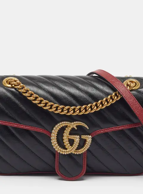 Gucci GG Marmont Torchon Flap Medium Black/Red Diagonal Quilt Leather Shoulder Bag