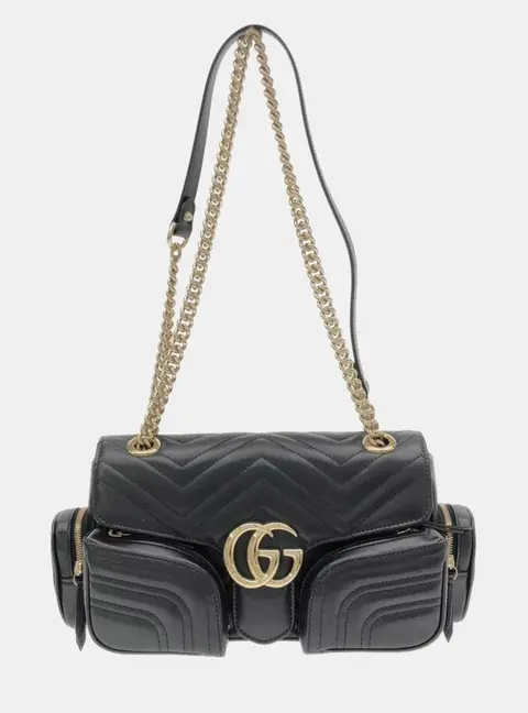 Gucci GG Marmont Small Black Matelasse Chevron Calfskin Leather Multi -Pocket Shoulder Bag