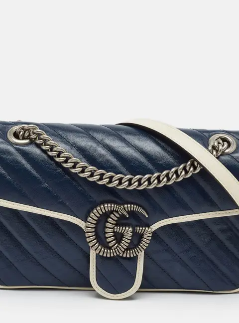 Gucci GG Marmont Torchon Small Navy Blue/White Diagonal Quilt Leather Shoulder Bag