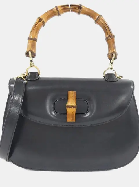 Gucci Bamboo Vintage Medium Black Calfskin Leather Top Handle Bag