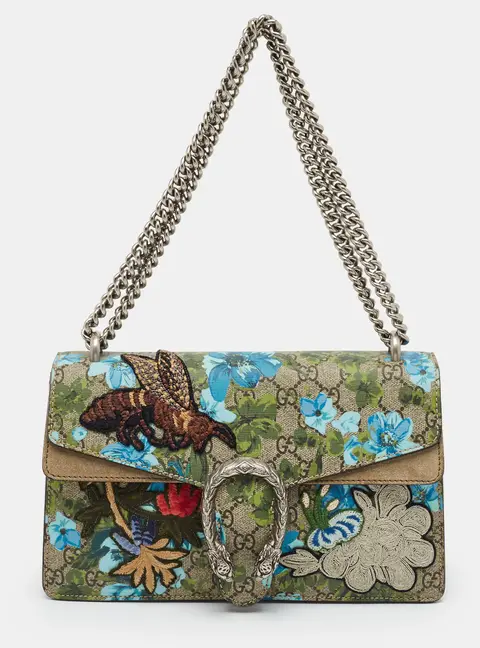 Gucci Dionysus Embroidered Small Beige Bloom Supreme Canvas and Suede Shoulder Bag