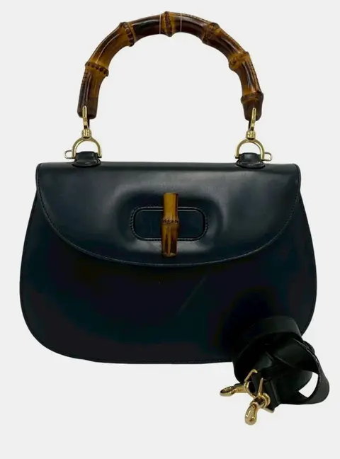 Gucci Vintage Bamboo Medium Black Calfskin Leather Top Handle Bag