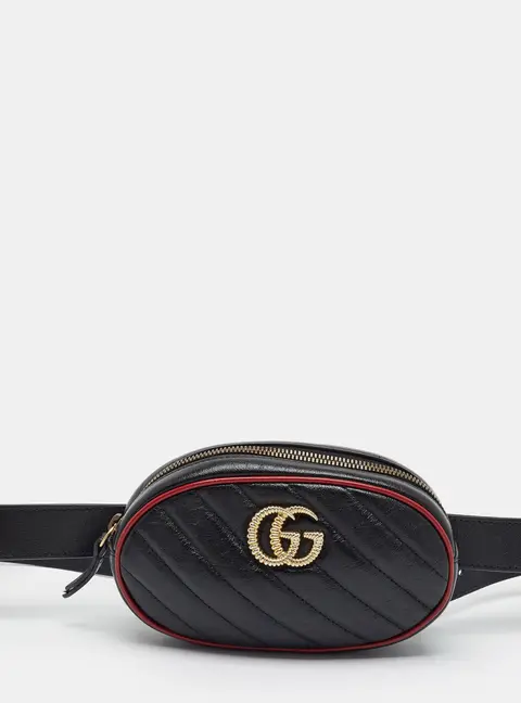 Gucci GG Marmont Torchon Mini Black/Red Diaonal Quilt Leather Belt Bag