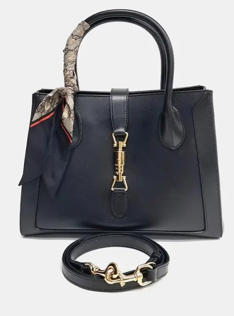 Gucci Jackie 1961 Black Leather Twilly Scarf Medium Tote Bag