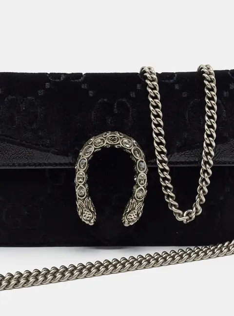 Gucci Dionysus Crystal Super Mini Black GG Velvet and Patent Leather Shoulder Bag