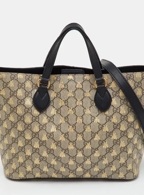 Gucci Beige/Black GG Bee Supreme Canvas and Leather Tote