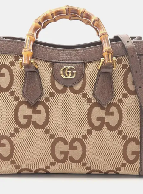 Gucci Diana Small Beige Brown Jumbo GG Canvas Dollar Calfskin Leather Top Handle Bag